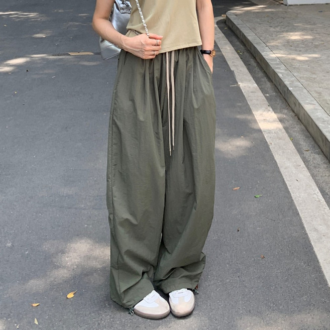 타니즈 여성용 쿠피 밴딩 와이드 바스락 스트링 여름 나일론 팬츠