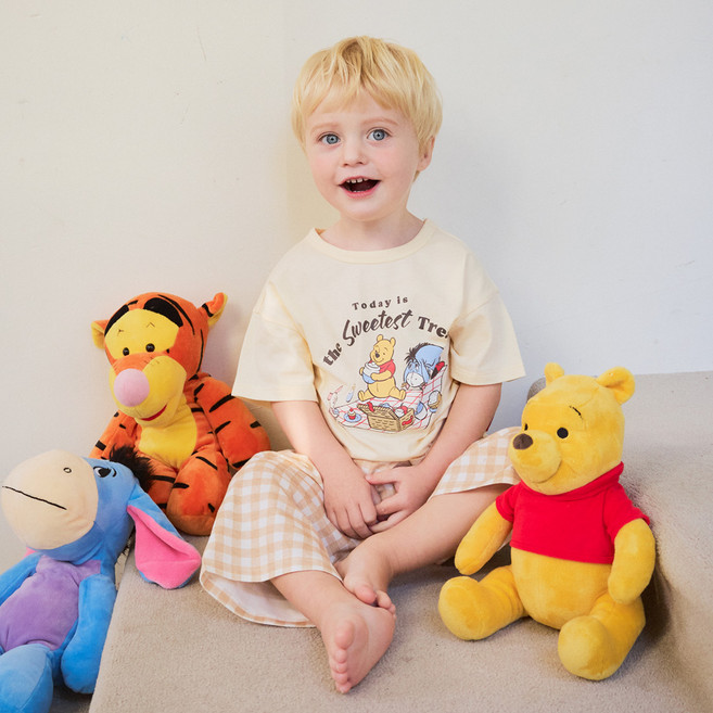mollimelli friends 兒童迪士尼小熊維尼格紋短袖七分居家服套裝