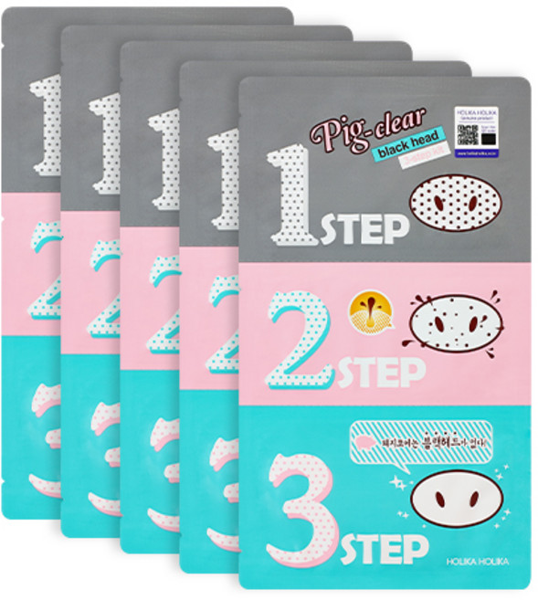 HOLIKA HOLIKA 豬鼻鼻黑頭粉刺三步驟貼片 含粉紅石泥 去除皮脂和角質 水潤保濕 溫和清除粉刺並收斂, 5入, 1組