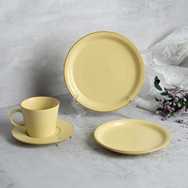 카네수즈 클라리스 각진 커피잔 + 1인 브런치 세트 3p, 옐로우, 1세트, 원형접시 1호 + 2호 + 각진 커피잔 세트