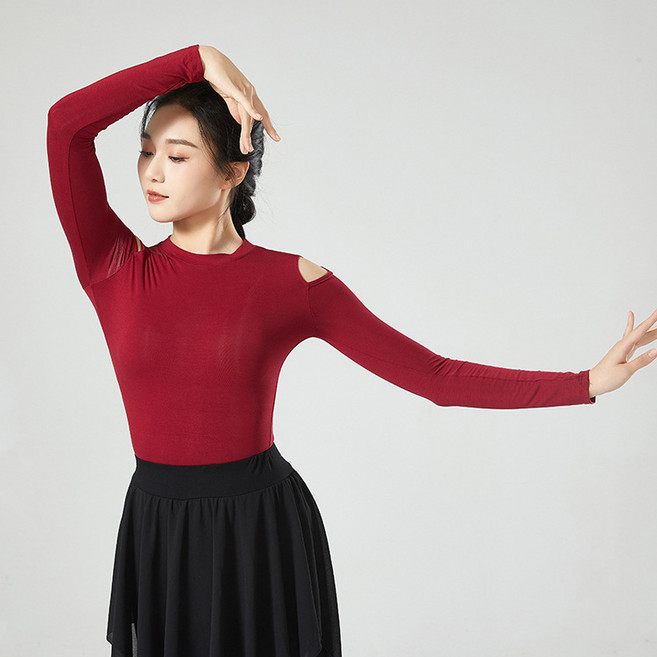 디멜디 여성용 공연의상 컷아웃 긴팔 경량 티셔츠