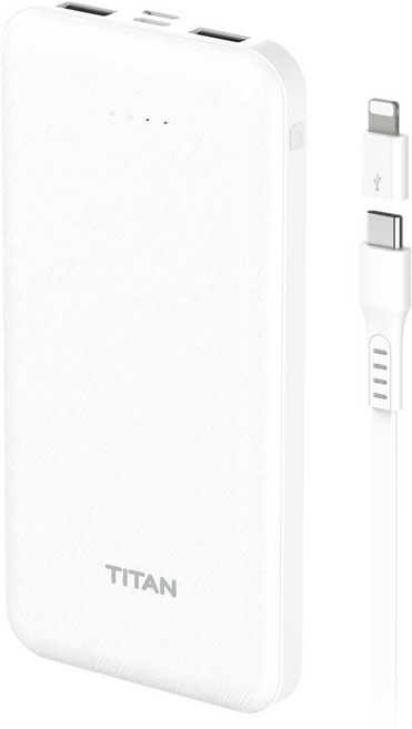 타이탄 듀얼 파워 보조배터리 10000mAh + C타입 케이블 + 8핀 젠더, 화이트, KM-PB10C8