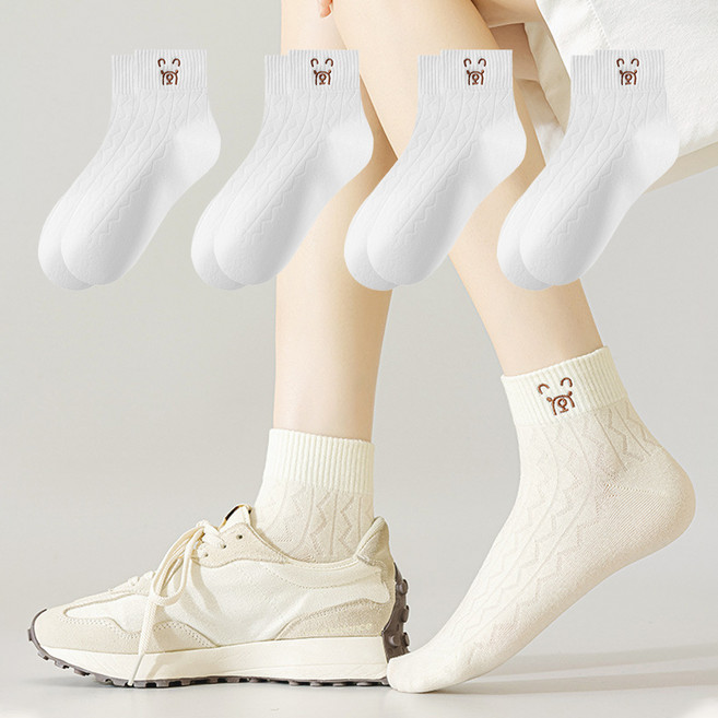 데이소이 여성용 곰돌이 자수 패션 양말 4켤레