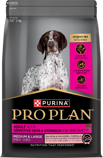 프로플랜 어덜트 강아지 미디움앤라지 센서티브 스킨 앤 스터먹 건식사료, 1개, 연어, 3kg - 쿠팡
