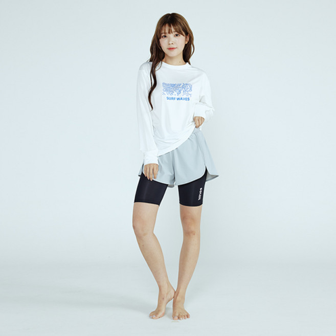 솔레일 여성용 루즈핏 서피 긴팔 + 레이어드 쇼츠 래쉬가드 세트