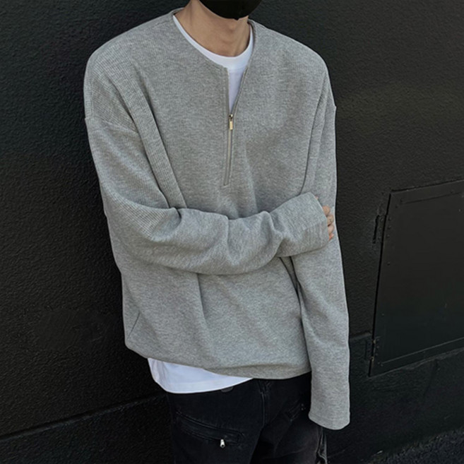 더플로우커머스 남성용 봄가을 라운드넥 지퍼포인트 긴팔 티셔츠