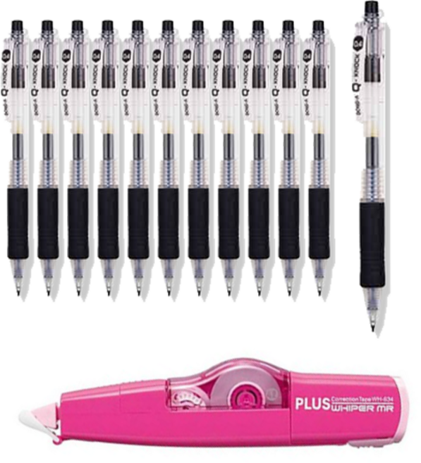 동아 큐 노크 펜 스탠다드 0.4 12p + 플러스 수정테이프 랜덤발송 WH-635 세트, 검정, 1세트