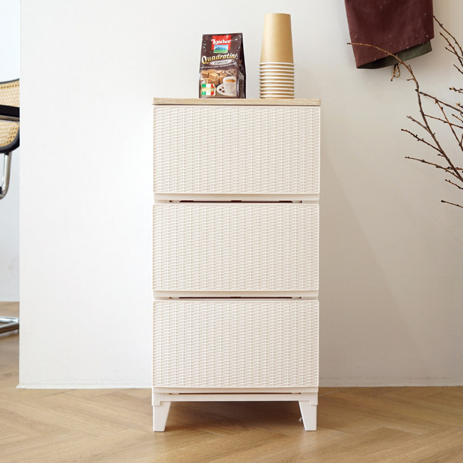 보노하우스 에버 라탄 우드상판 서랍장 일반형, 크림, 3단