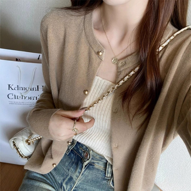 피어니스트 여성용 기본 심플 콩단추 긴팔 니트 가디건