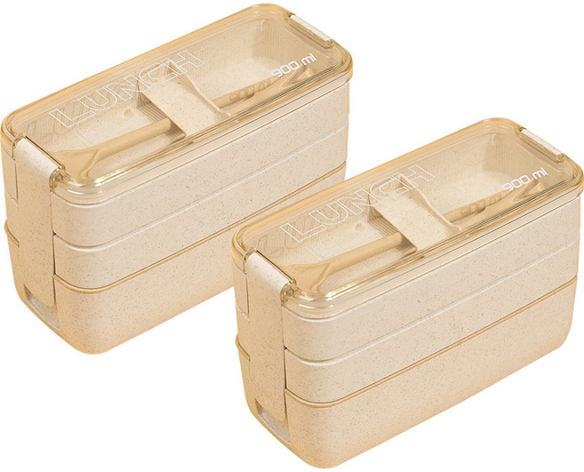 크림 밀짚 도시락 3단 + 스푼 + 포크 세트 900ml, 혼합색상, 2세트