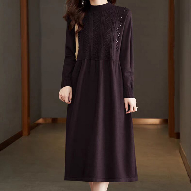 ATTERLIC 珠飾線條毛衣針織連身裙 10957, 咖啡色