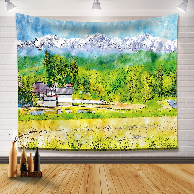 모디시 전원 풍경 유화 벽 장식용 태피스트리, 작은 산 마을
