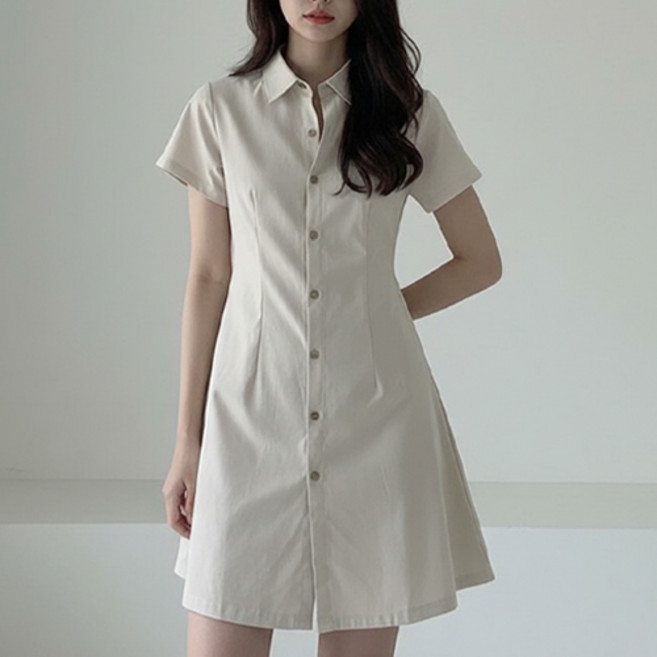 아이캔심플 여성용 슬림핏 데일리 카라넥 반팔 셔츠 원피스