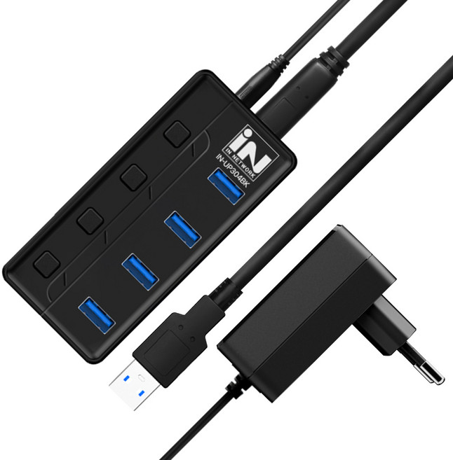 인네트워크 USB 3.0 지원 개별전원 스위치 4포트 확장 유전원 분리형 USB허브 IN-UP304BK
