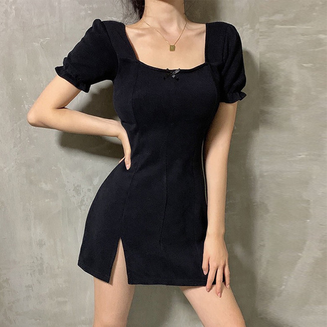 MarketA 赫本風方領蝴蝶結連身裙, 黑色