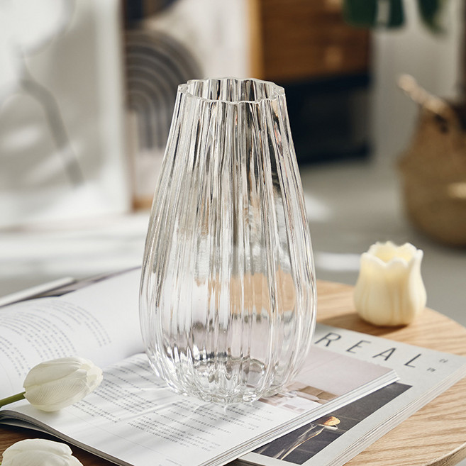 에버하우스 플리츠 스트라이프 유리 화병, 투명