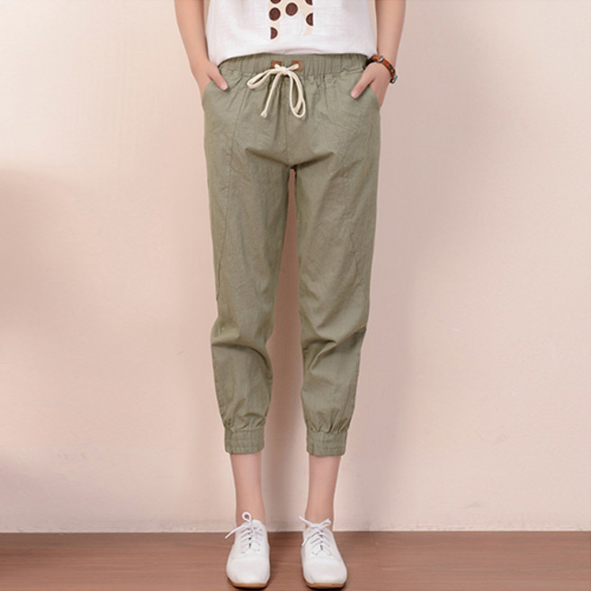 유니제이 여성용 퓨라 린넨 세미 배기 조거팬츠