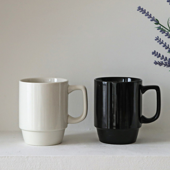 애스크제이 스태킹 도자기 머그 360ml, 블랙, 화이트, 2개