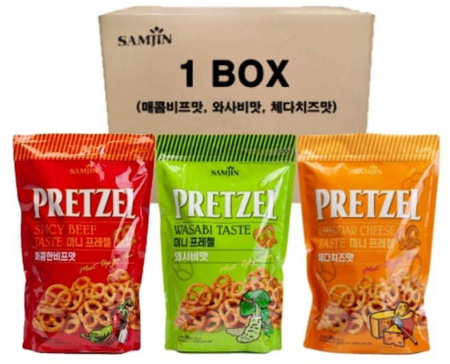 삼진 미니 프레첼 매콤한 비프맛 + 와사비맛 + 체다치즈맛, 300g, 1세트