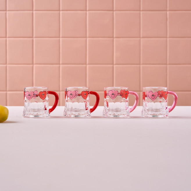 Modern House 愛心玻璃把手燒酒杯 2款 x 2入組, 1組, 透明色 + 粉色 + 紅色