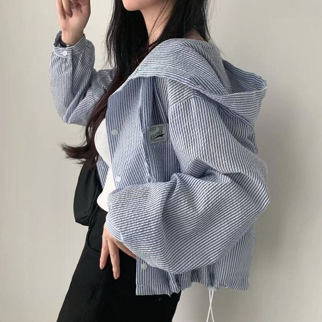 I'M MONG 女款 Dormi 條紋抽繩連帽短版長袖外套
