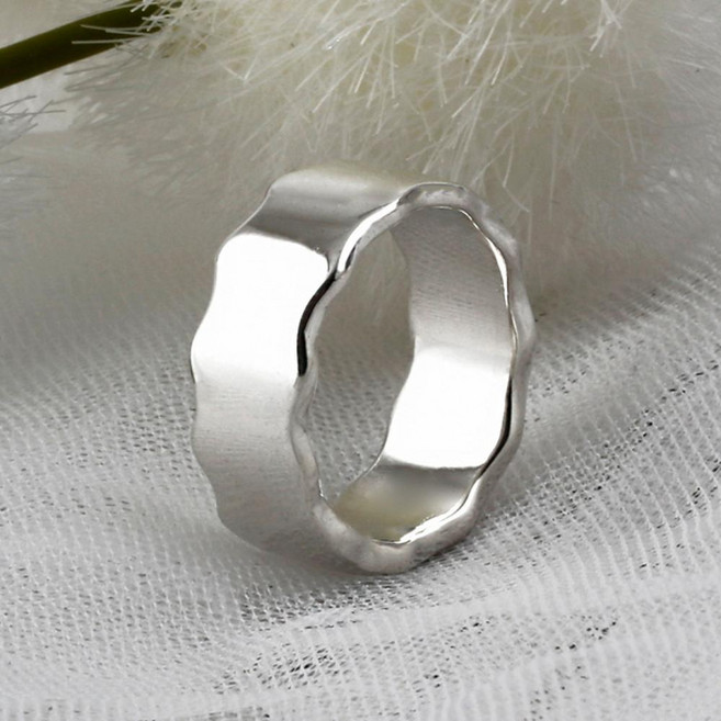 Shoveoff 男士 925純銀 寬版 圓形波浪平面銀戒指 9mm