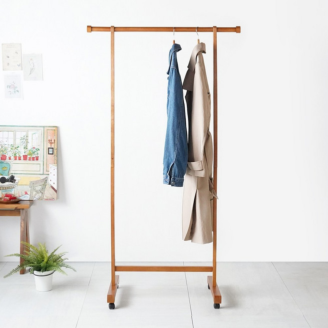 우디홈 엣지형 원목 스탠드 옷걸이 이동식 행거, 브라운
