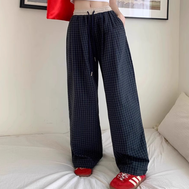 피어니스트 여성용 레이지 플레드 사각체크 와이드 밴딩 팬츠