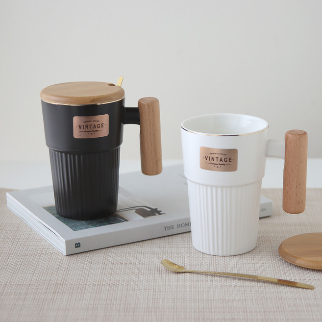 Just Home 復古黑白色系陶瓷木柄馬克杯315ml 2入組, 顏色隨機, 1組