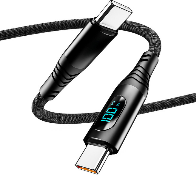 일리온 C타입-C타입 PD충전 100W LCD 디스플레이 패브릭 케이블, 블랙, 1개, 0.5m