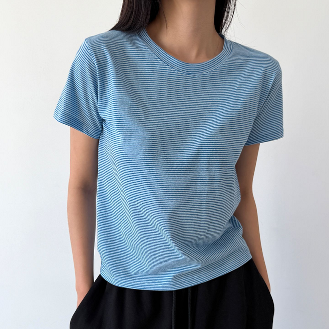 라라온 여성용 잔스트라이프 슬림핏 라운드 기본 반팔 티셔츠 26TSP4004