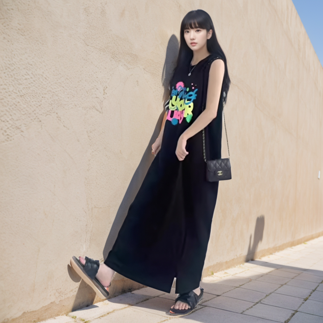 Marketpia 女款彩色字母印花寬鬆無袖長版洋裝, 黑色
