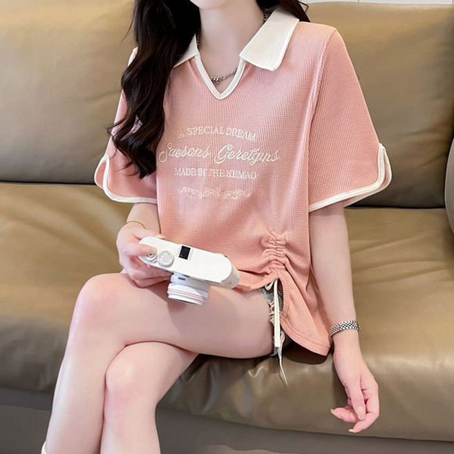 INFIOUS 女款翻領字母抓皺短袖T恤 I263-0048