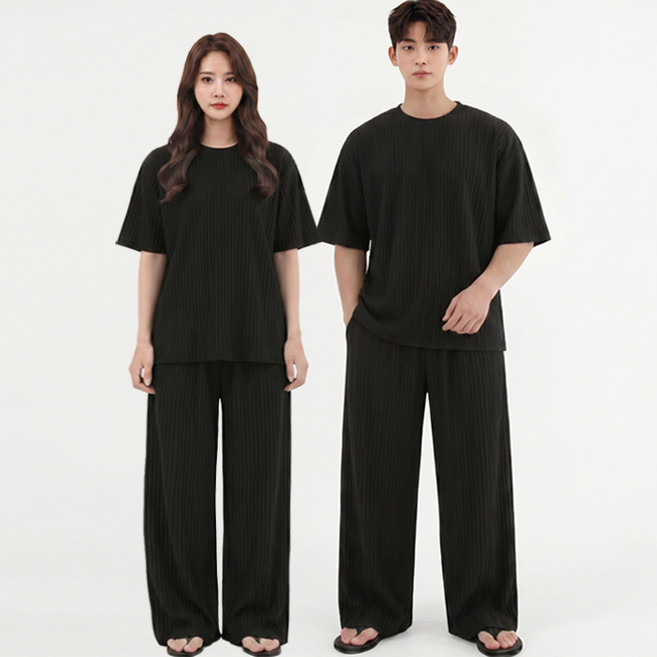 6위 - 턴키 남여공용 빅사이즈 쿨 통기성 주름원단 오버핏 홈웨어 반팔티 + 긴바지 세트 SP-3038