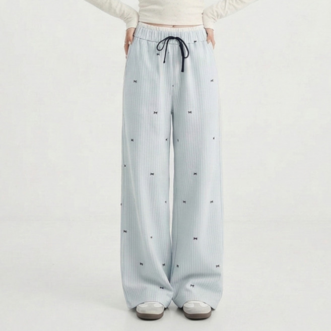 아이캔심플 여성용 리본 패턴 스트라이프 밴딩 와이드 루즈핏 롱팬츠