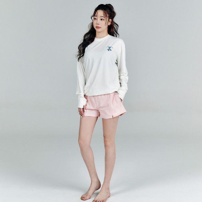 튜브트리 여성용 루즈핏 핏조절 스트링 롱슬리브 래쉬가드 상하의 세트 BE9204