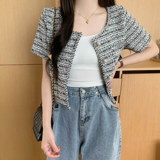 앤드스타일 여성용 셔벗트위드 반팔 크롭 자켓 262340