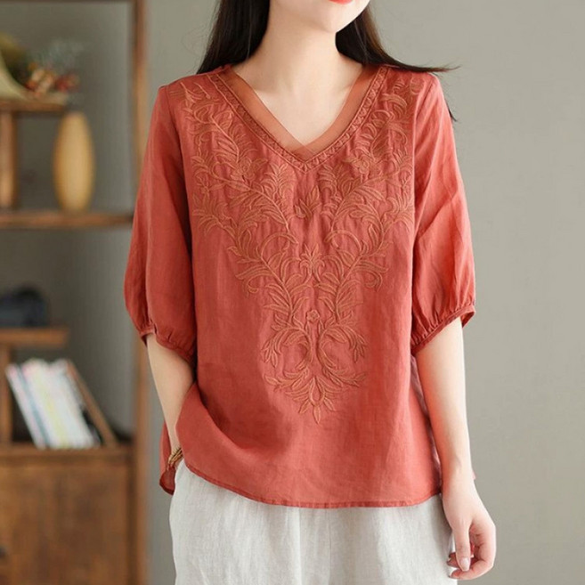 반야스토리 자수 브이넥 린넨 블라우스 QQ88