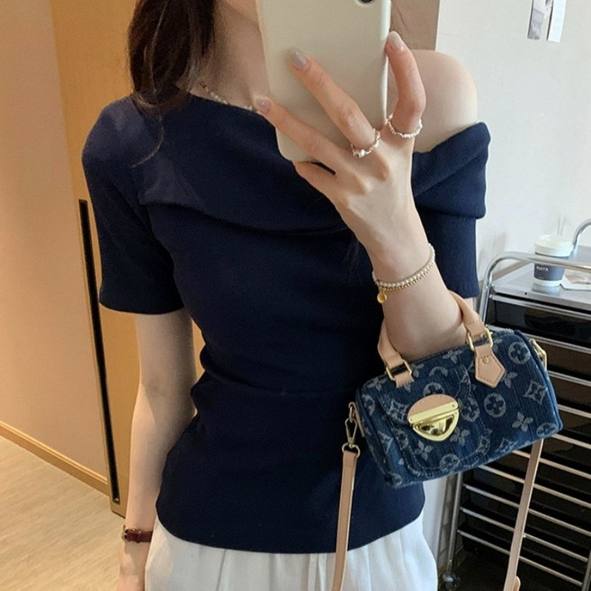 아이엠몽 여성용 슬림핏 오프숄더 드레이프 셔링 반팔 티셔츠 R6H111