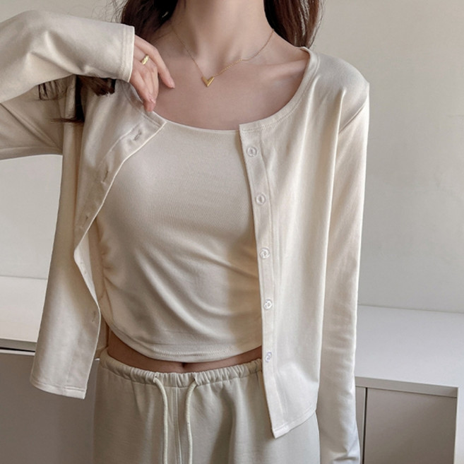 피어니스트 여성용 셋업 심플 딥라운드 가디건