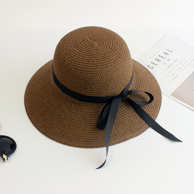 디멜디 여성용 리본 접이식 챙넓은 휴양지 밀짚모자