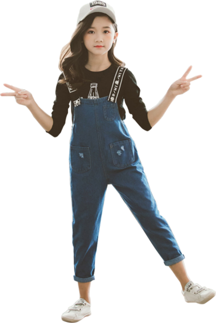 미소파파 여아용 코카 진청 멜빵 상하 바지세트