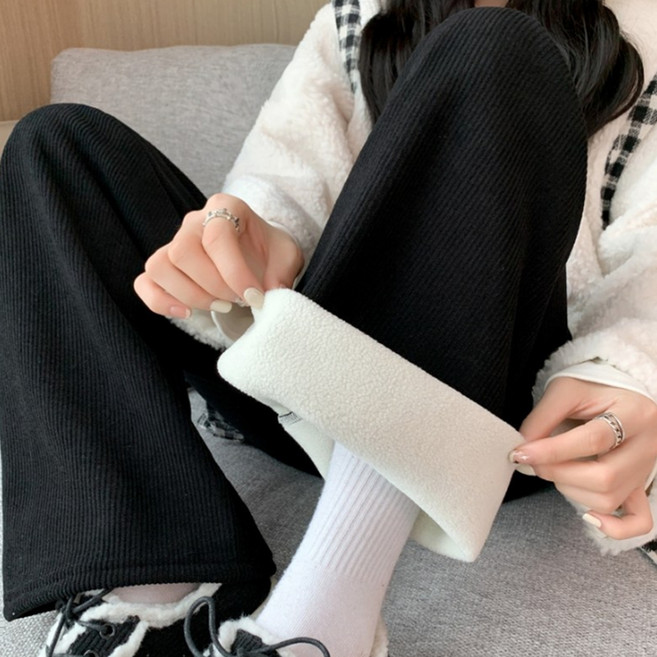 Rich Unni 女性內刷毛燈芯絨寬版鬆緊帶長褲