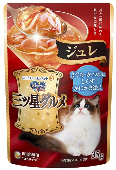 유니참긴노스푼 고양이 미쓰보시 구루메 쥬레 간식, 혼합맛(가다랑어/참치/멸치/게맛살), 35g, 1개