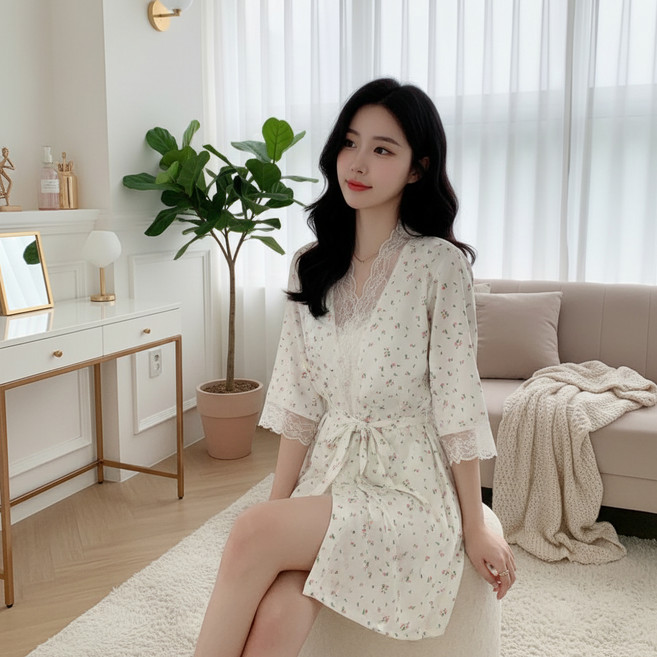 Alleophom 女性獨特圖案蕾絲居家睡袍 L261-0291T