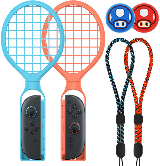 스페이스쉴드 플레이핏 스포츠 피버 테니스 라켓 2종 + 슈퍼 머쉬룸 스틱캡 2종 세트, 블루, 레드(스틱캡), 1세트, 닌텐도 스위치 2 조이콘