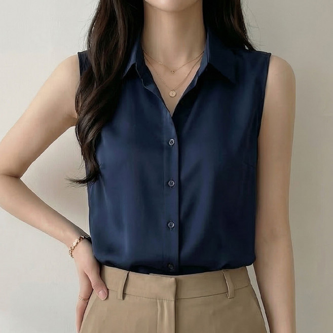 페이릿 여성용 데일리 베이직 소프트 민소매 카라 블라우스