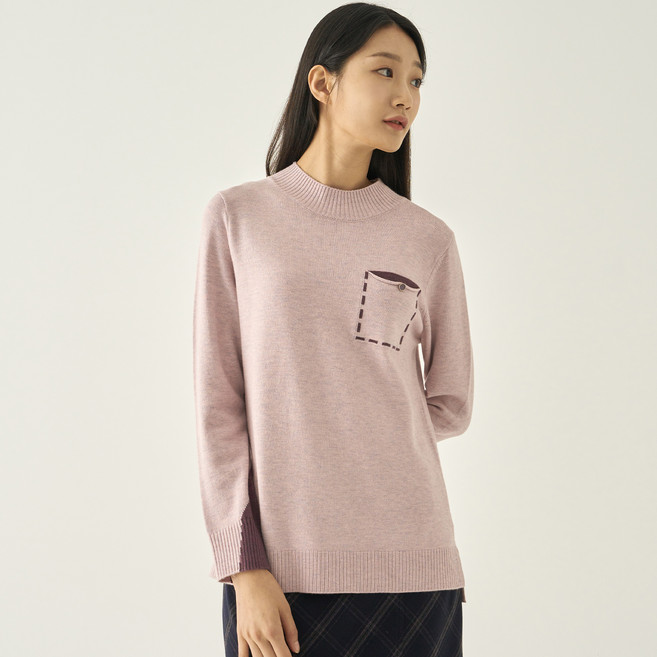 지센 여성용 가슴포켓 반넥 풀오버 니트 티셔츠 LCKTNB21