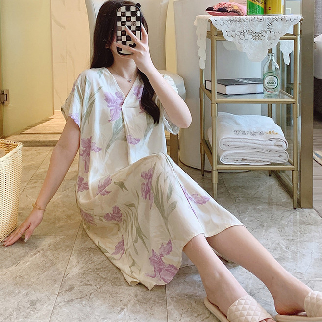 Elsso 女款絲質短袖連身裙家居服