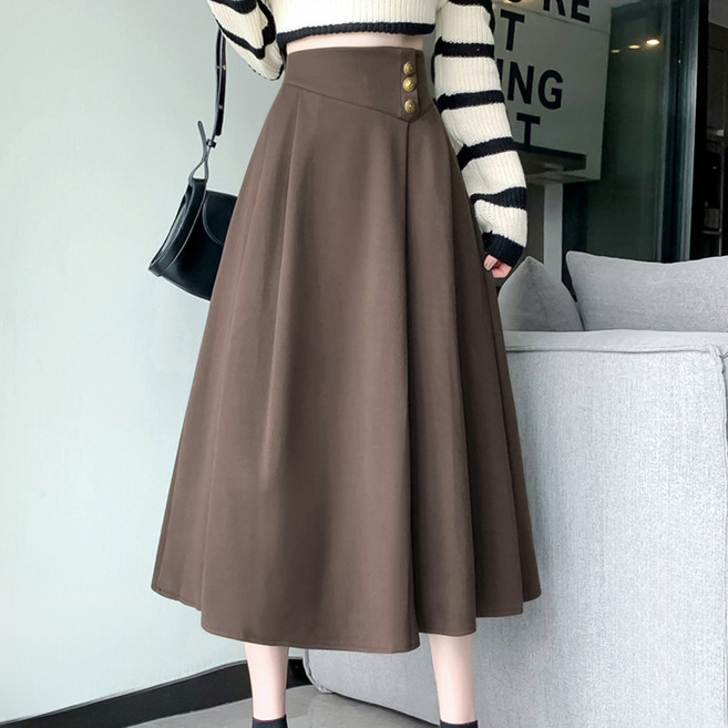 시크힐즈 하이웨스트 쓰리 버튼 플레어 롱 스커트 01205 T